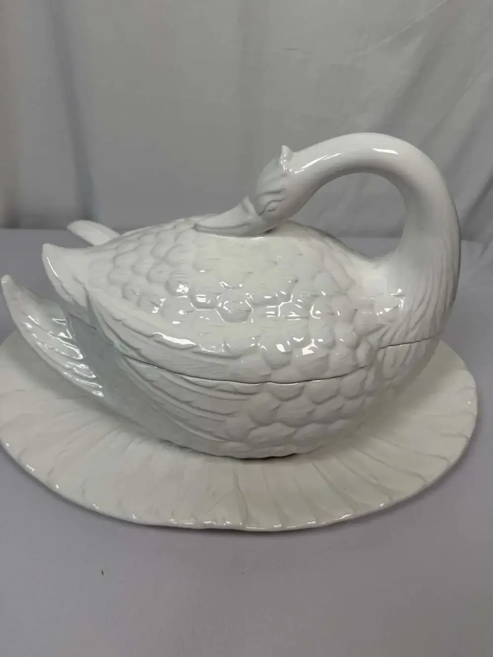 Vintage Ceramic White Swan Soup Tureen with Underplate Ladle and Lid